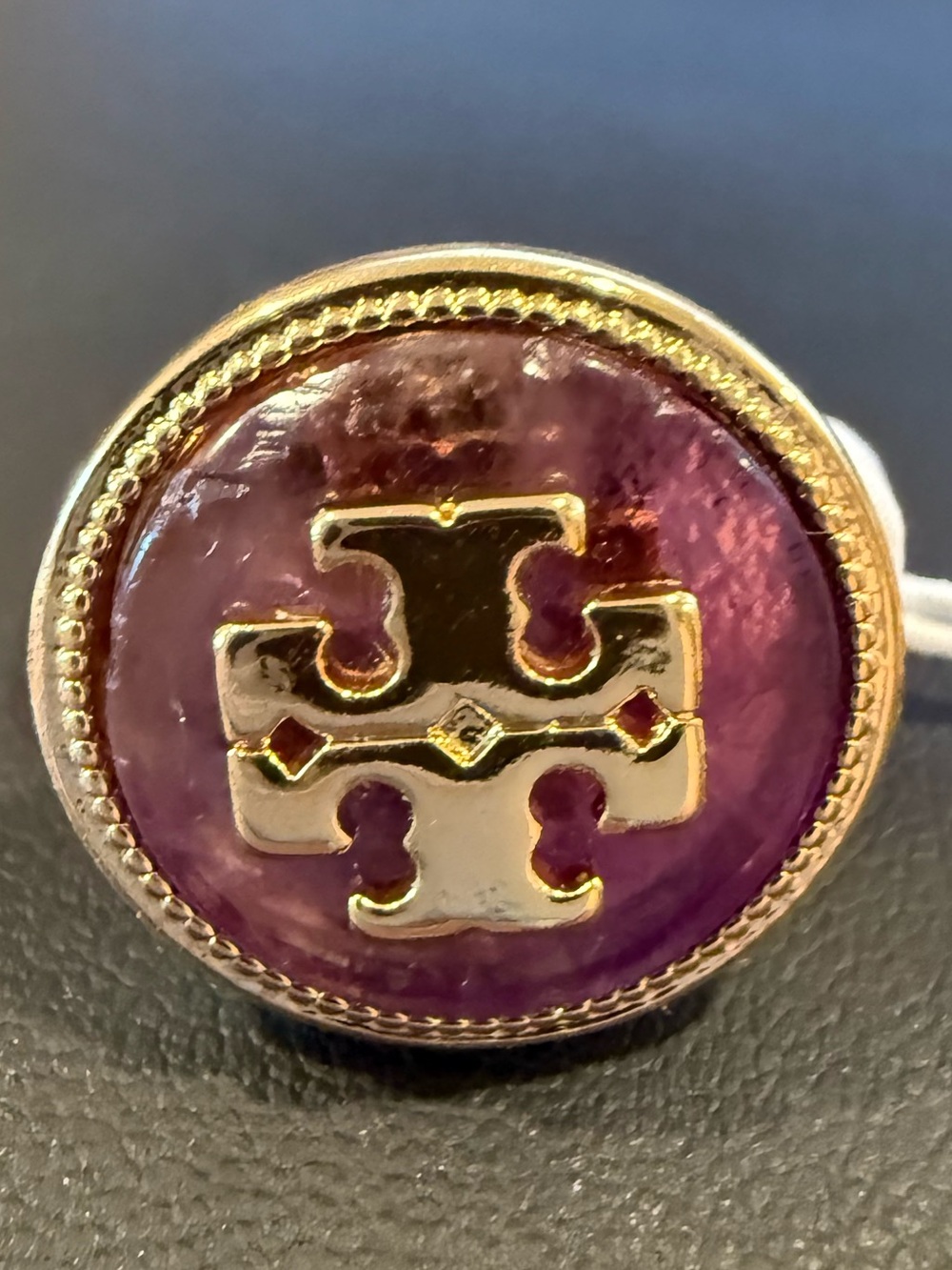 Tory Burch | Gold Plated Logo & Natural Purple Stone Ring | Size 8